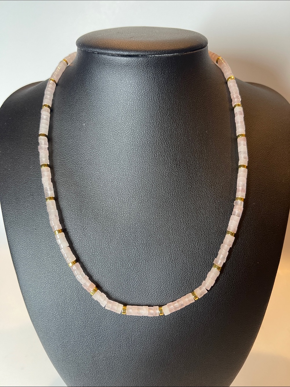 Delicate Pink Rose Quartz Beaded Necklace with Gold Spacers - Women Jewelry 1804